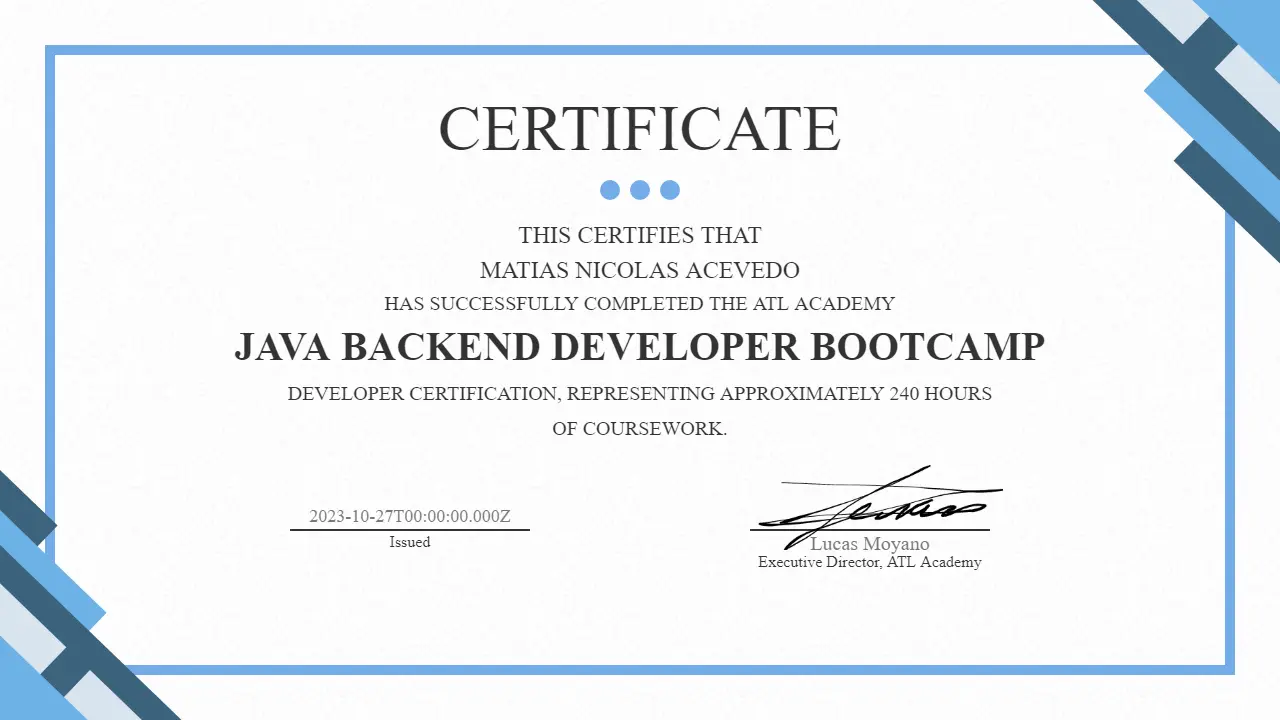 Certificado de Java Backend Developer Bootcamp