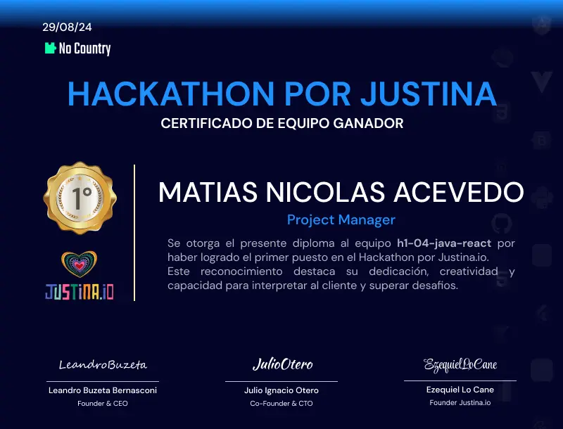 Certificado de 1st🥇 Hackathon por Justina💗