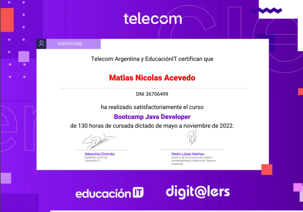 Certificado de Bootcamp Backend Java Developer