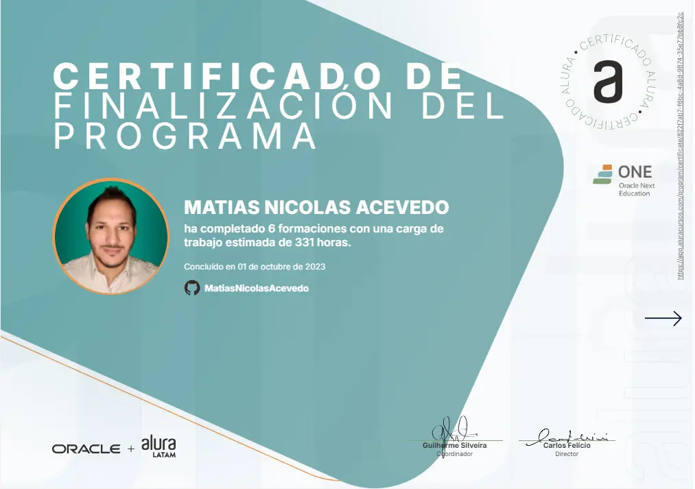 Certificado de Oracle Next Education | Backend